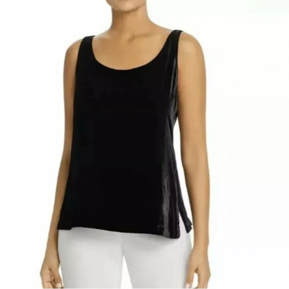 Eileen Fisher. Velvet Side Slits Scoop-Neck Tank. Size Medium. Black.